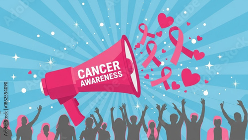 Vibrant pink megaphone with cancer awareness text surrounded by hearts and silhouettes of people with raised hands on blue background with rays
