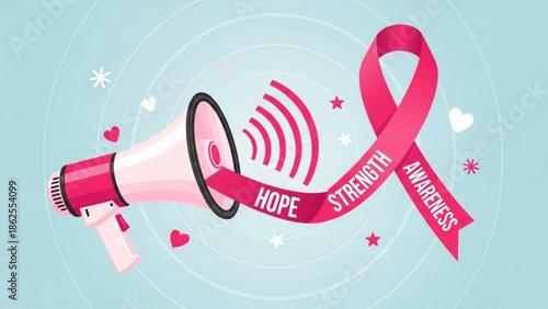 Breast cancer awareness ribbon with megaphone, symbolizing hope, strength, and support on light blue background with hearts and stars with pink ribbon