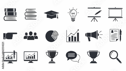 Set of business and education icons representing various concepts and tools.