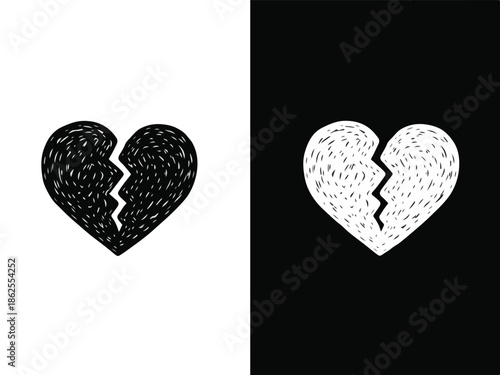 A broken heart illustration in black and white, split into two contrasting halves on a divided background, symbolizing love and heartbreak during christmas.