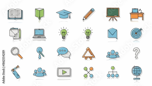 Collection of Education and Learning Icons Representing Knowledge and Study.