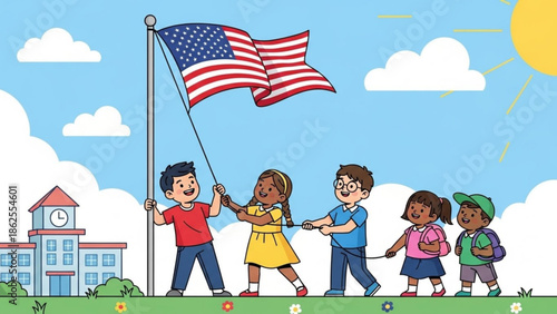 Diverse group of happy children holding hands and an american flag on a sunny day at school with happy kids and patriotic and unity and friendship