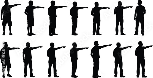 Set of standing men silhouettes pointing fingers to the side direction isolated on white background vector illustration.