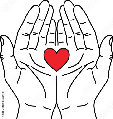 Cupped hands holding a red heart, symbolizing love, care, and donation. valentines day