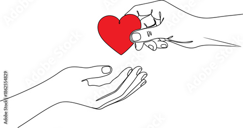 Minimalist continuous line drawing of hands exchanging a red heart on white background. valentines