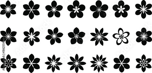 Stylized flower icons, black floral vector set, petal shapes, decorative botanical symbols, symmetrical flower design collection