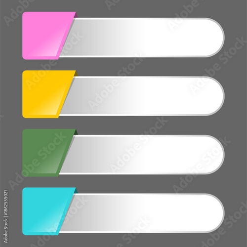 Set of four clean, modern vector infographic banners featuring colorful, glossy tags on rounded white rectangular shapes, perfect for data visualization, web design, and step-by-step processes.