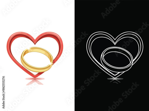 Two intertwined heart-shaped rings, one red and one gold on white background and outlined on black background, symbolizing love and relationships during Christmas.