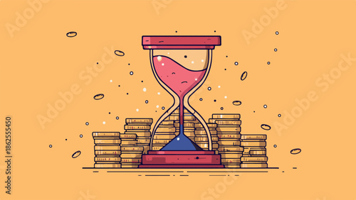 Minimal flat vector illustration of an hourglass surrounded by coins on a vibrant background