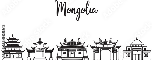 A minimalist line drawing of various architectural structures in Mongolia from a frontal viewpoint