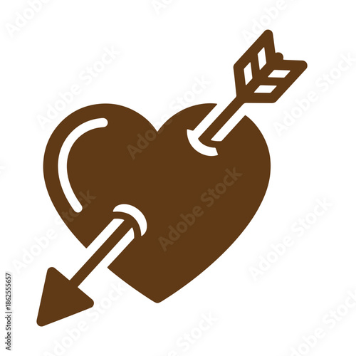 Brown heart pierced by arrow icon symbol representing love and passion in a simple graphic design