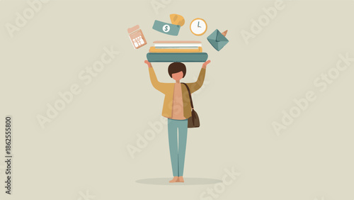 A person holding a briefcase with various objects floating around it in a simple illustration
