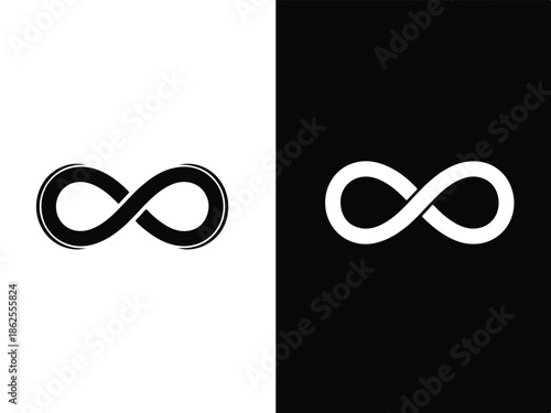 A minimalist design featuring two infinity symbols, one in black with a subtle shadow effect on a white background and the other in white on a black background, conveying a sense of