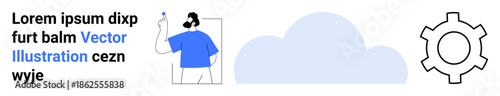Person in blue shirt contemplating ideas, cloud, and gear symbolizing creativity, innovation, technology, and problem-solving. Ideal for brainstorming, teamwork, productivity strategy cloud