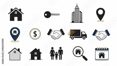 Real Estate Icon Set - Home, Key, Building, Location, Money, Handshake, Delivery, Family, Calendar, Magnifying Glass.