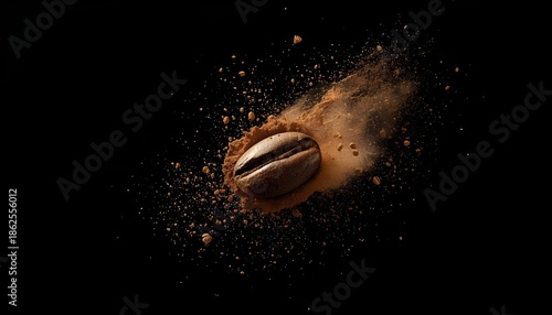 Roasted coffee bean explosion with ground coffee particles on black background for premium cafe advertising
