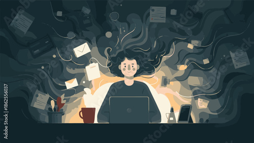 A vector illustration of an office worker surrounded by swirling papers and office supplies in a chaotic workspace viewed from directly above