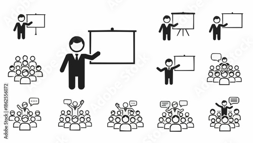 Presentation and Audience Icons - Speaker, Screen, and Engaged Listeners.