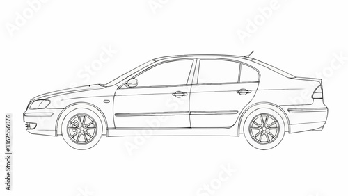 Detailed Line Art of a Sedan Car Side View.