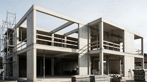 Concrete shell, residential building construction site in modern design