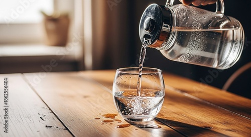 A hand pours water from a glass pitcher into a rounded glass on a wooden table