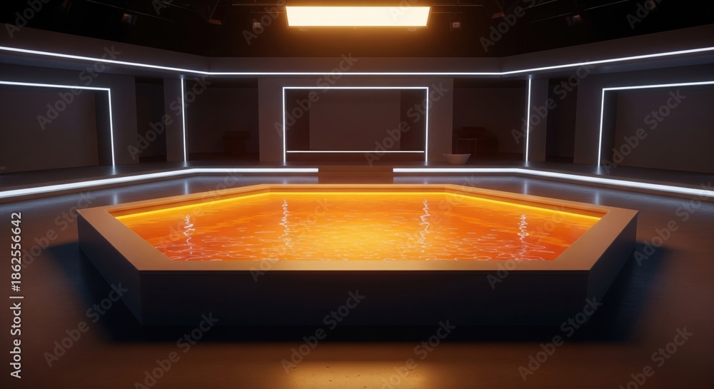 custom made wallpaper toronto digitalA hexagonal pool of liquid orange color sits in a modern, spacious, well-lit studio