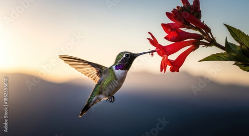 Wallpaper Mural A hummingbird sips nectar from a vibrant red flower, backlit by a soft sunrise Torontodigital.ca