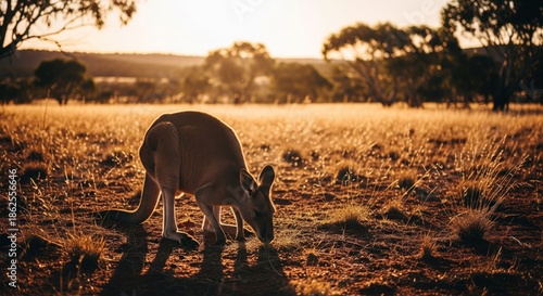 Wallpaper Mural A kangaroo grazes in a field bathed in warm sunlight, trees on the horizon Torontodigital.ca