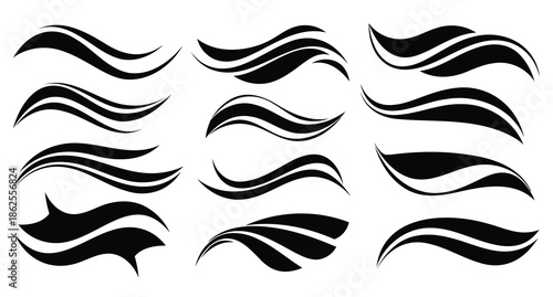 Collection of abstract black swoosh designs arranged in a grid pattern