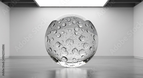 Wallpaper Mural A large glass sphere with trapped air bubbles stands in a stark, white room under a bright light Torontodigital.ca