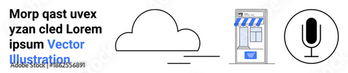 Cloud technology, ecommerce, voice commands, digital communication, internet services, AI tools. A cloud, storefront and microphone icon. Cloud technology and ecommerce conceptual theme