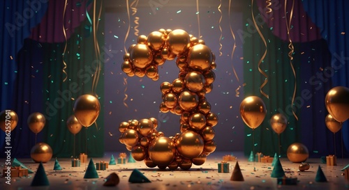 Wallpaper Mural A large golden "3" made of balloons stands on a stage with party decor and confetti Torontodigital.ca