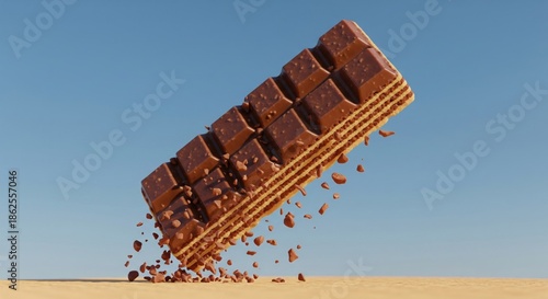 Wallpaper Mural A large, textured chocolate wafer candy bar, seemingly falling, with scattered crumbs against a sky Torontodigital.ca