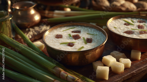 Indian dessert sweet pongal rice pudding brass bowl jaggery sugarcane festival food traditional cuisine South Indian creamy texture Indian dessert