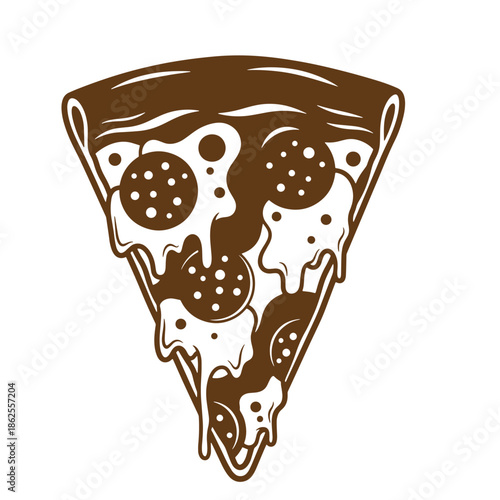 Brown pizza slice with melted cheese and pepperoni on white background  delicious food illustration