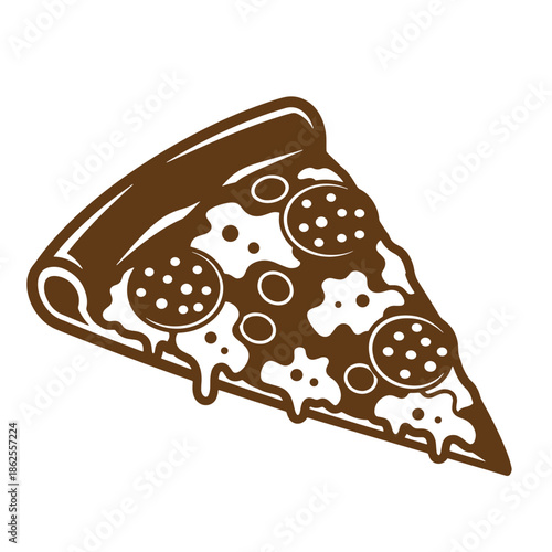 Brown pizza slice with melted cheese and toppings isolated on white background