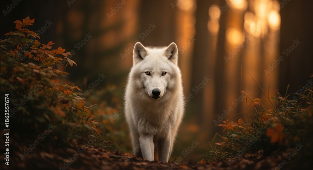 Obraz premium A majestic white wolf walks towards the viewer in a sunlit autumnal forest
