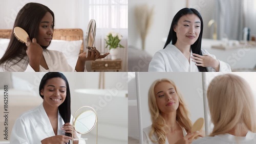 Four women enjoy their hair care routines in a bright, relaxing environment. Each woman showcases different pampering activities, highlighting beauty and self-care practices.