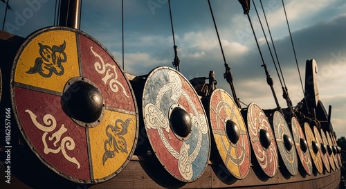 Wallpaper Mural A longship, vibrant shields line the hull, against a clear sky Torontodigital.ca