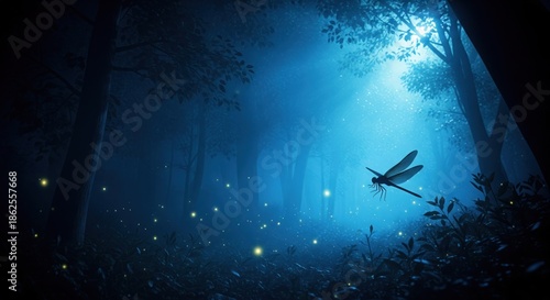 Wallpaper Mural A luminous dragonfly flies in a mystical, moonlit forest with fireflies glowing Torontodigital.ca