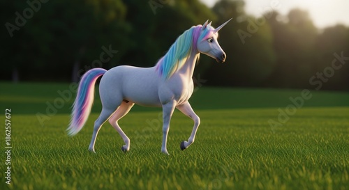 Wallpaper Mural A majestic unicorn with flowing rainbow mane and tail walks gracefully across sunlit green grass Torontodigital.ca