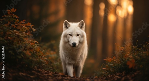 Wallpaper Mural A majestic white wolf walks towards the viewer in a sunlit autumnal forest Torontodigital.ca