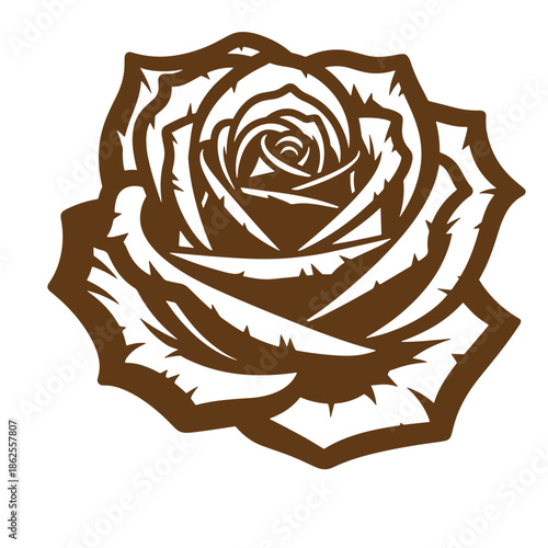Brown rose illustration with sharp thorns and petals in a stylized graphic design isolated on white