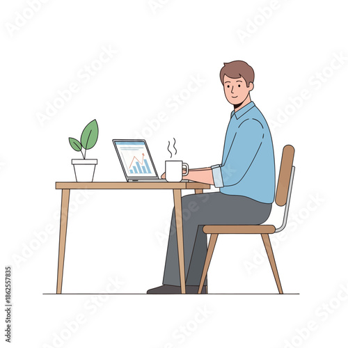 Man working on laptop at desk with coffee and plant, business growth chart on screen.