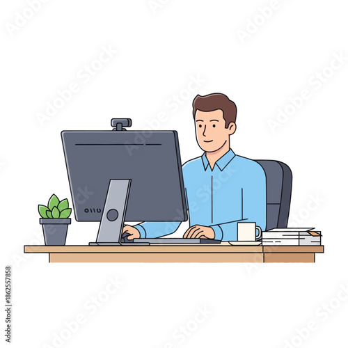 Man working on computer at desk, office worker, business, technology, illustration