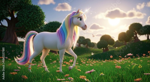 Wallpaper Mural A majestic unicorn with a rainbow mane and tail, walks across a sunny meadow Torontodigital.ca
