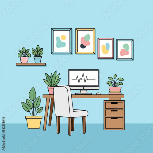 Cozy home office with desk, computer, chair, plants, and framed art on blue wall.
