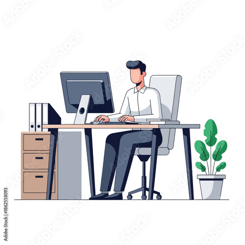 Man working at computer desk in modern office, flat illustration vector