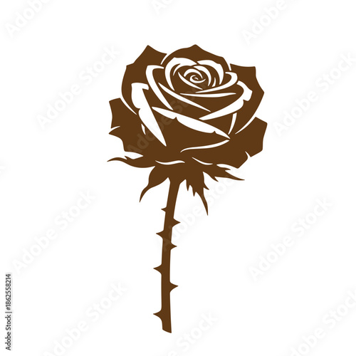 Brown rose silhouette with thorns on stem and leaves isolated on transparent background