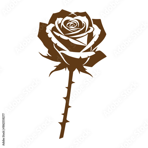 Brown rose silhouette with thorns on stem isolated on transparent background